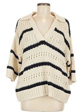 H&M Cream and Black Striped V-Neck Knit Short Sleeve Sweater